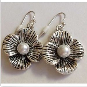 Silver White Pearl Earrings Hibiscus Flower Bridal